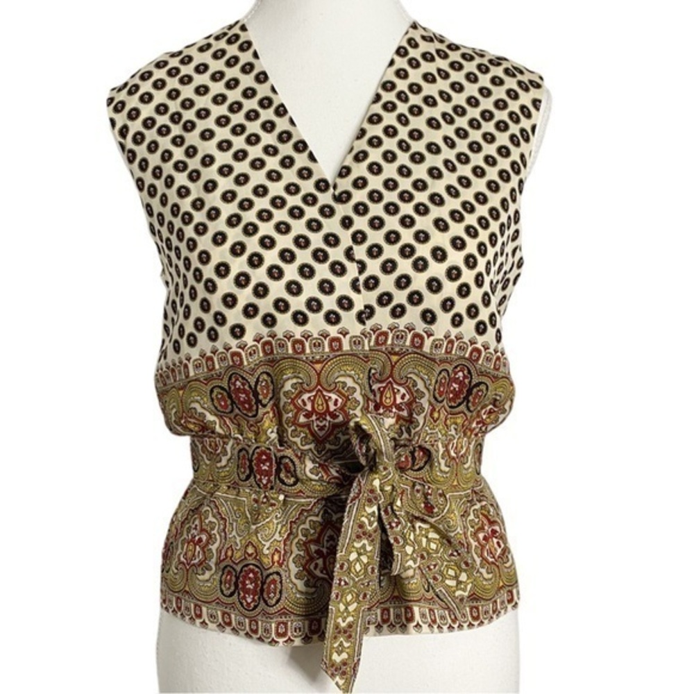 Anthropologie Fei 100% Silk Mix Print Tie-Front Peplum Blouse Boho Eclectic Y2K